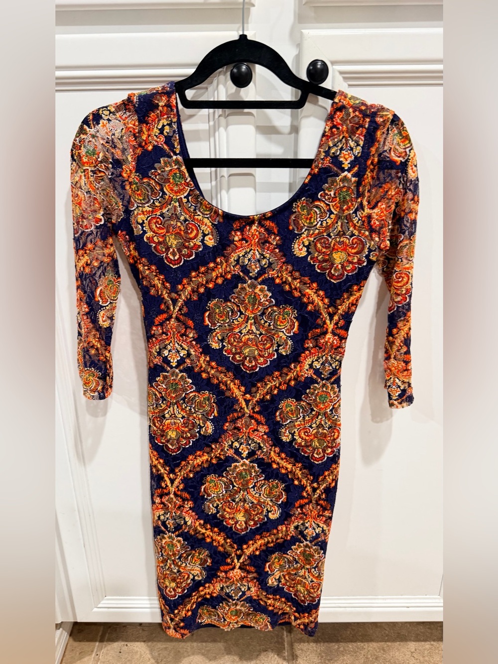 bailey blue Navy and Orange Floral Medallion Long Sleeve Bodycon Dress